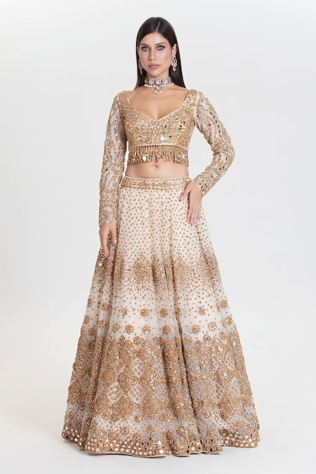 Buy_Abhinav Mishra_Ivory Net Mirrors, Sequins, Zari Plunge Mogra Love Designer And Gold Lehenga Set _Online_at_Aza_Fashions