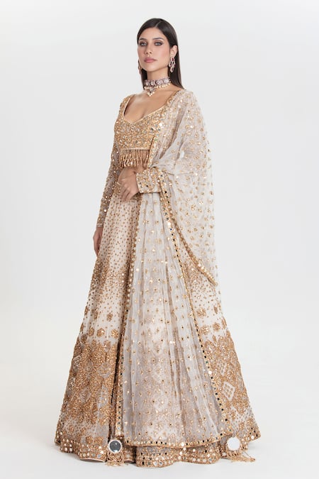 Shop_Abhinav Mishra_Ivory Net Mirrors, Sequins, Zari Plunge Mogra Love Designer And Gold Lehenga Set _Online_at_Aza_Fashions