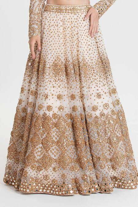 Abhinav Mishra_Ivory Net Mirrors, Sequins, Zari Plunge Mogra Love Designer And Gold Lehenga Set _at_Aza_Fashions