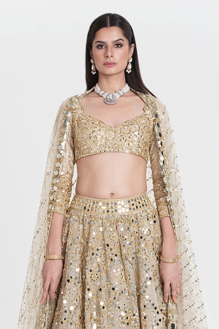 Abhinav Mishra_Ivory Chanderi, Net Mirrors, Sequins, Chandani Gold Embroidered Lehenga Set _Online_at_Aza_Fashions