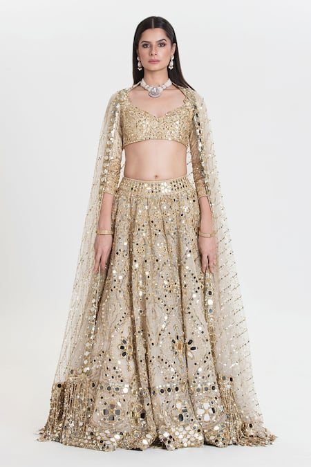 Buy_Abhinav Mishra_Ivory Chanderi, Net Mirrors, Sequins, Chandani Gold Embroidered Lehenga Set _Online_at_Aza_Fashions