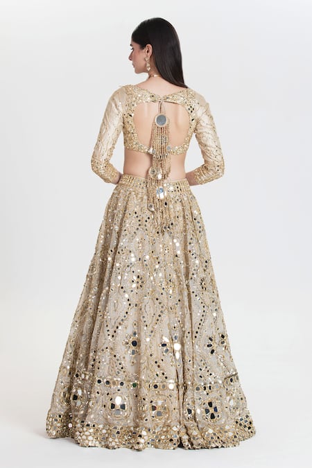 Shop_Abhinav Mishra_Ivory Chanderi, Net Mirrors, Sequins, Chandani Gold Embroidered Lehenga Set _Online_at_Aza_Fashions