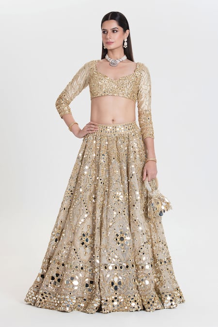 Abhinav Mishra_Ivory Chanderi, Net Mirrors, Sequins, Chandani Gold Embroidered Lehenga Set _at_Aza_Fashions
