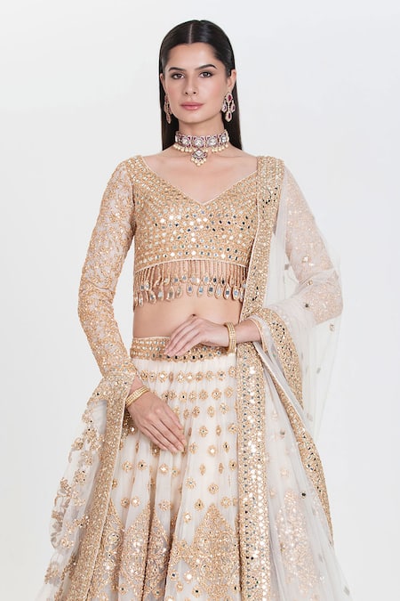 Abhinav Mishra_Ivory Net Mirrors, Sequins, Zari V-neck Jasmeen Embroidered Lehenga Set _Online_at_Aza_Fashions