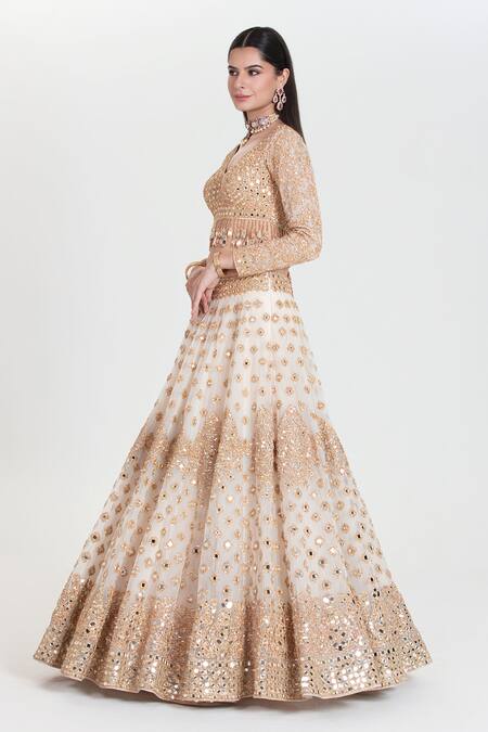 Buy_Abhinav Mishra_Ivory Net Mirrors, Sequins, Zari V-neck Jasmeen Embroidered Lehenga Set _Online_at_Aza_Fashions