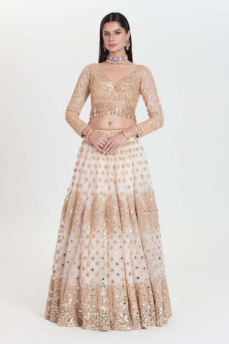 Shop_Abhinav Mishra_Ivory Net Mirrors, Sequins, Zari V-neck Jasmeen Embroidered Lehenga Set _Online_at_Aza_Fashions