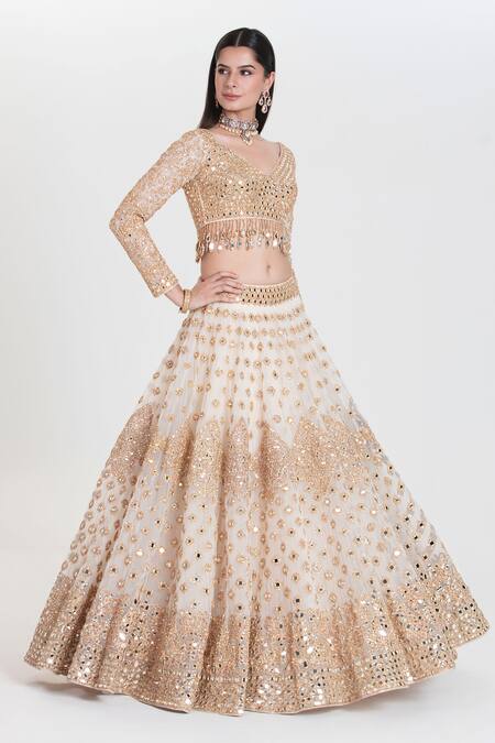 Abhinav Mishra_Ivory Net Mirrors, Sequins, Zari V-neck Jasmeen Embroidered Lehenga Set _at_Aza_Fashions