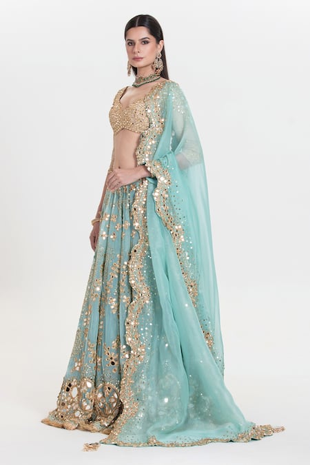 Abhinav Mishra Aqua Net, Chanderi, Organza Mirrors, Amber Blue Embroidered Lehenga Set Online at Aza Fashions Abhinav Mishra_Aqua Net, Chanderi, Organza Mirrors, Amber Blue Embroidered Lehenga Set _Online_at_Aza_Fashions