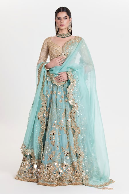 Abhinav Mishra Aqua Net, Chanderi, Organza Mirrors, Amber Blue Embroidered Lehenga Set