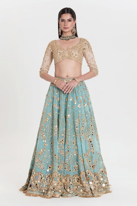 Buy Abhinav Mishra Aqua Net, Chanderi, Organza Mirrors, Amber Blue Embroidered Lehenga Set Online at Aza Fashions Buy_Abhinav Mishra_Aqua Net, Chanderi, Organza Mirrors, Amber Blue Embroidered Lehenga Set _Online_at_Aza_Fashions
