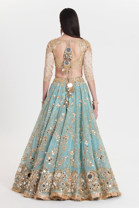 Abhinav Mishra Amber Aqua Blue Mirror Embroidered Lehenga Set 