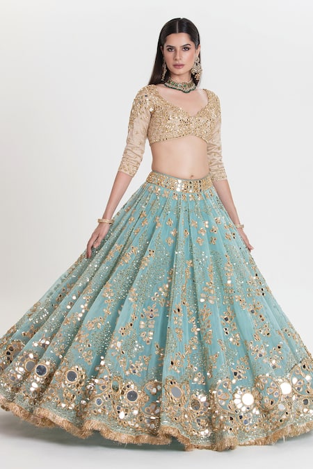 Shop Abhinav Mishra Aqua Net, Chanderi, Organza Mirrors, Amber Blue Embroidered Lehenga Set Online at Aza Fashions Shop_Abhinav Mishra_Aqua Net, Chanderi, Organza Mirrors, Amber Blue Embroidered Lehenga Set _Online_at_Aza_Fashions