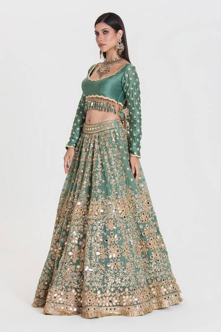 Abhinav Mishra Green Net, Chanderi Mirrors, Sequins, Amrapali Sea Embroidered Lehenga Set Online at Aza Fashions Abhinav Mishra_Green Net, Chanderi Mirrors, Sequins, Amrapali Sea Embroidered Lehenga Set _Online_at_Aza_Fashions