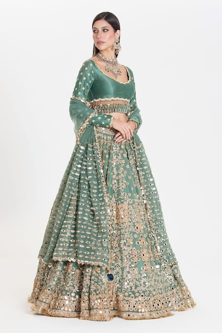 Abhinav Mishra Green Net, Chanderi Mirrors, Sequins, Amrapali Sea Embroidered Lehenga Set