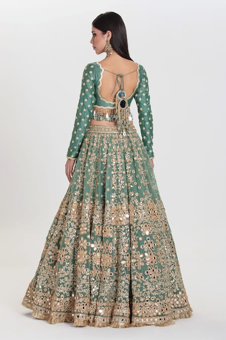 Abhinav Mishra Amrapali Sea Green Mirror Zari Embroidered Lehenga Set 