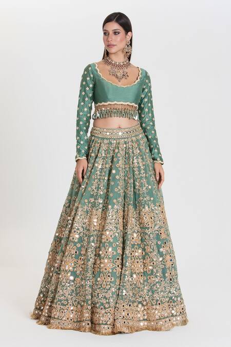 Buy Abhinav Mishra Green Net, Chanderi Mirrors, Sequins, Amrapali Sea Embroidered Lehenga Set Online at Aza Fashions Buy_Abhinav Mishra_Green Net, Chanderi Mirrors, Sequins, Amrapali Sea Embroidered Lehenga Set _Online_at_Aza_Fashions
