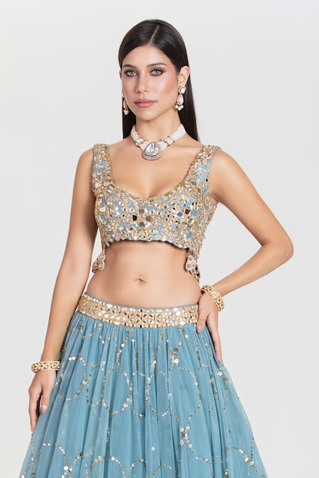 Abhinav Mishra_Sky Blue Chanderi, Organza Mirrors, Zari, Barsaat Embroidered Lehenga Set _Online_at_Aza_Fashions