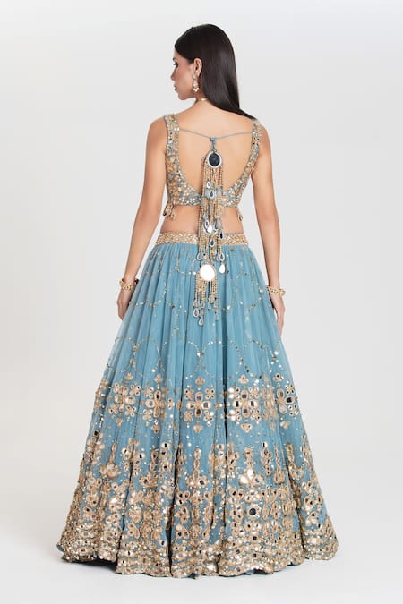 Abhinav Mishra Barsaat Sky Blue Mirror Embroidered Lehenga Set 