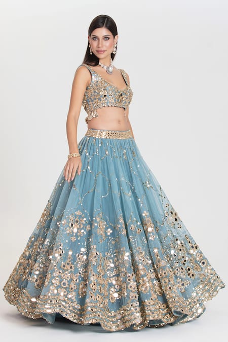 Buy_Abhinav Mishra_Sky Blue Chanderi, Organza Mirrors, Zari, Barsaat Embroidered Lehenga Set _Online_at_Aza_Fashions
