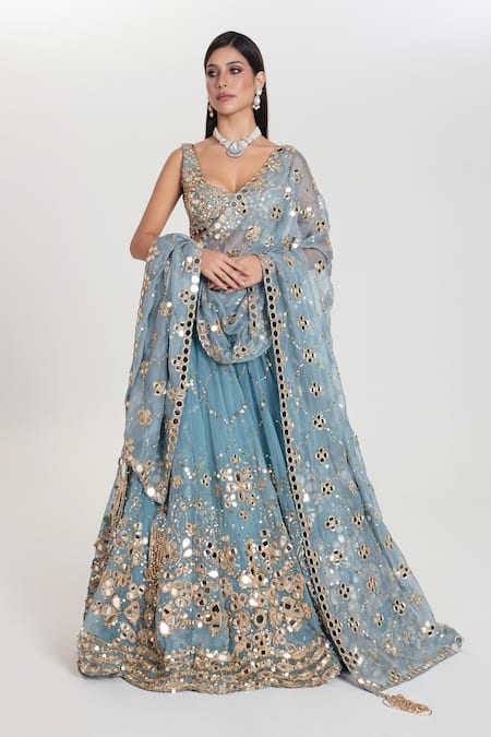 Abhinav Mishra Sky Blue Chanderi, Organza Mirrors, Zari, Barsaat Embroidered Lehenga Set