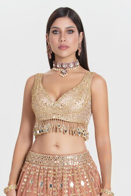 Abhinav Mishra_Peach Net, Chanderi, Organza Mirrors, Old Charm Blush Embroidered Lehenga Set _Online_at_Aza_Fashions