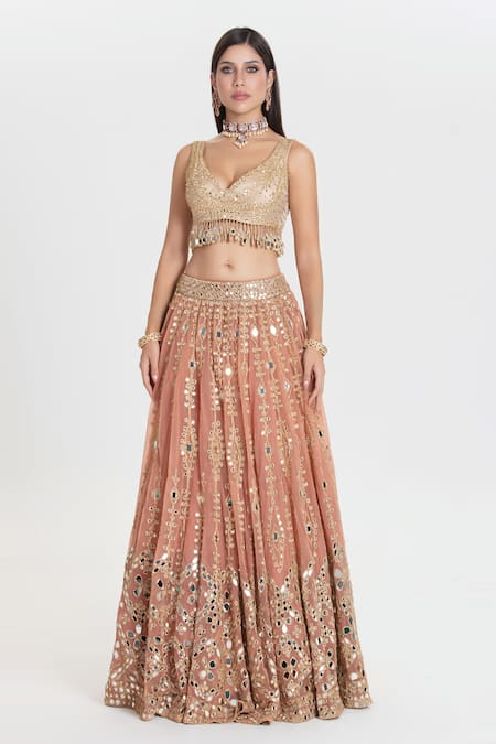 Buy_Abhinav Mishra_Peach Net, Chanderi, Organza Mirrors, Old Charm Blush Embroidered Lehenga Set _Online_at_Aza_Fashions