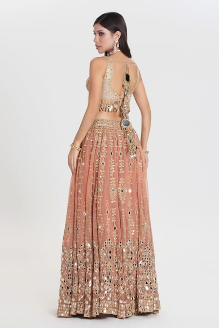 Abhinav Mishra Old Charm Blush Peach Mirror Embroidered Lehenga Set 
