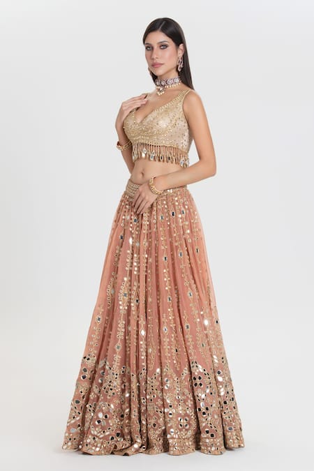 Shop_Abhinav Mishra_Peach Net, Chanderi, Organza Mirrors, Old Charm Blush Embroidered Lehenga Set _Online_at_Aza_Fashions