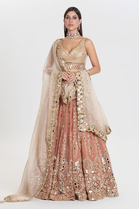 Abhinav Mishra Old Charm Blush Peach Mirror Embroidered Lehenga Set 