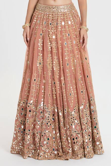 Buy_Abhinav Mishra_Peach Net, Chanderi, Organza Mirrors, Old Charm Blush Embroidered Lehenga Set 