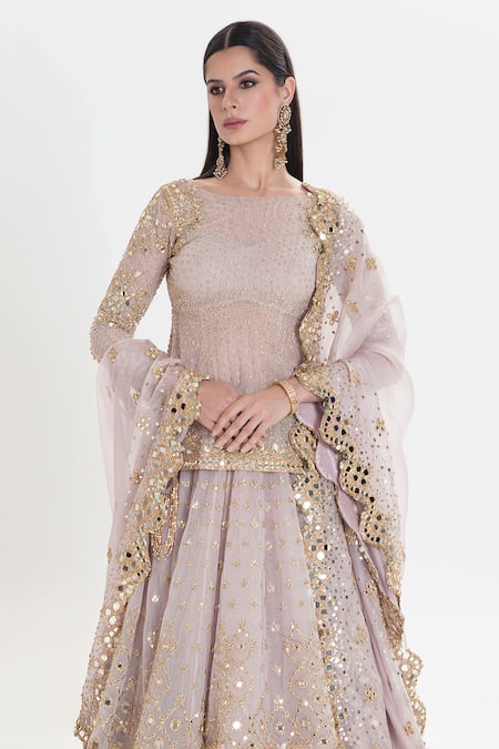 Abhinav Mishra Pink Net Mirrors, Sequins, Zari Round Neck Gulzar Designer Antique Lehenga Set Online at Aza Fashions Abhinav Mishra_Pink Net Mirrors, Sequins, Zari Round Neck Gulzar Designer Antique Lehenga Set _Online_at_Aza_Fashions