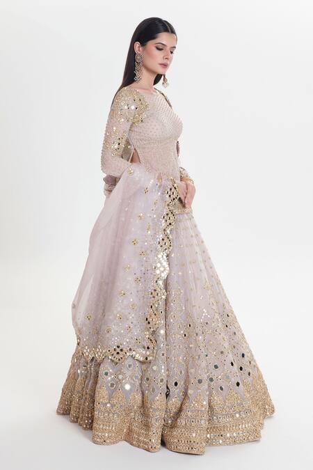 Buy Abhinav Mishra Pink Net Mirrors, Sequins, Zari Round Neck Gulzar Designer Antique Lehenga Set Online at Aza Fashions Buy_Abhinav Mishra_Pink Net Mirrors, Sequins, Zari Round Neck Gulzar Designer Antique Lehenga Set _Online_at_Aza_Fashions