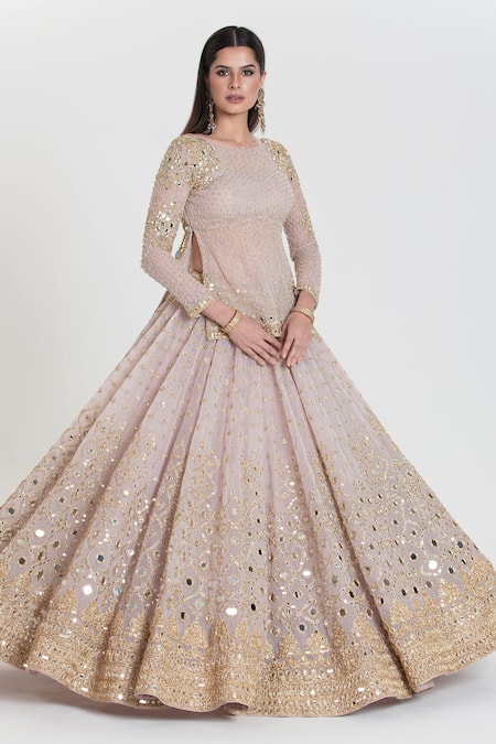 Shop Abhinav Mishra Pink Net Mirrors, Sequins, Zari Round Neck Gulzar Designer Antique Lehenga Set Online at Aza Fashions Shop_Abhinav Mishra_Pink Net Mirrors, Sequins, Zari Round Neck Gulzar Designer Antique Lehenga Set _Online_at_Aza_Fashions