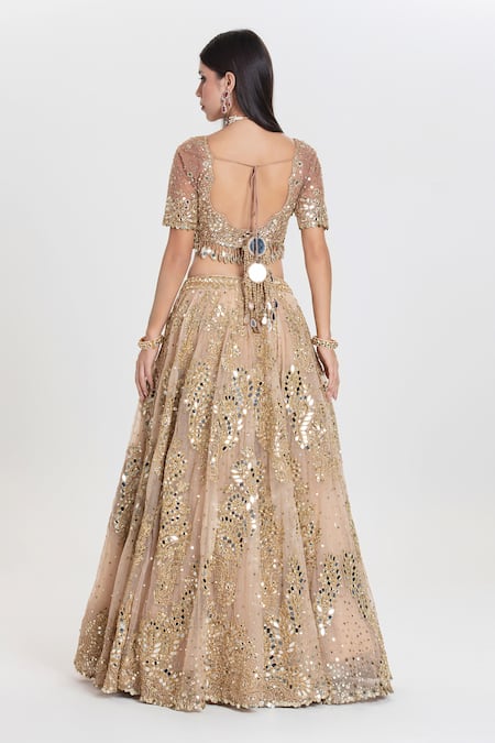 Abhinav Mishra Chamak Champaign Gold Mirror Embroidered Lehenga Set 