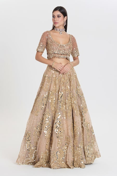 Abhinav Mishra_Gold Net Sequins, Mirrors, Zari Chamak Champaign Embroidered Lehenga Set _Online_at_Aza_Fashions