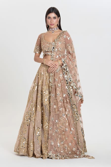 Buy_Abhinav Mishra_Gold Net Sequins, Mirrors, Zari Chamak Champaign Embroidered Lehenga Set _Online_at_Aza_Fashions