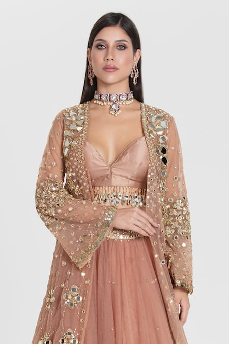 Abhinav Mishra_Brown Net, Chanderi Sequins, Mirrors, Ruhani Caramel Embroidered Lehenga Set _Online_at_Aza_Fashions
