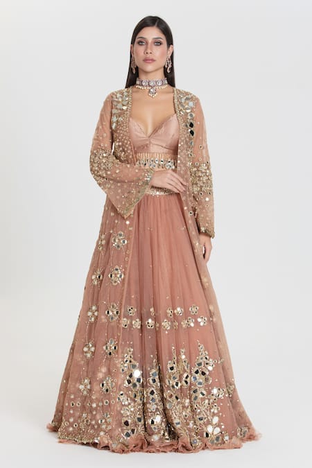 Abhinav Mishra Brown Net, Chanderi Sequins, Mirrors, Ruhani Caramel Embroidered Lehenga Set 