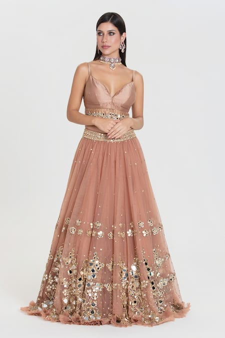 Buy_Abhinav Mishra_Brown Net, Chanderi Sequins, Mirrors, Ruhani Caramel Embroidered Lehenga Set _Online_at_Aza_Fashions