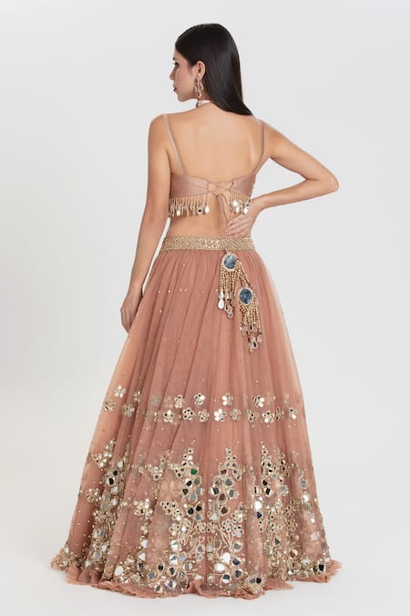 Shop_Abhinav Mishra_Brown Net, Chanderi Sequins, Mirrors, Ruhani Caramel Embroidered Lehenga Set _Online_at_Aza_Fashions