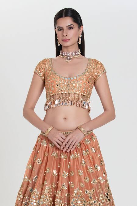Abhinav Mishra_Peach Organza, Chanderi Mirrors, Sequins, Zari Round Bahar Designer Lehenga Set _Online_at_Aza_Fashions