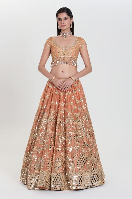 Buy_Abhinav Mishra_Peach Organza, Chanderi Mirrors, Sequins, Zari Round Bahar Designer Lehenga Set _Online_at_Aza_Fashions