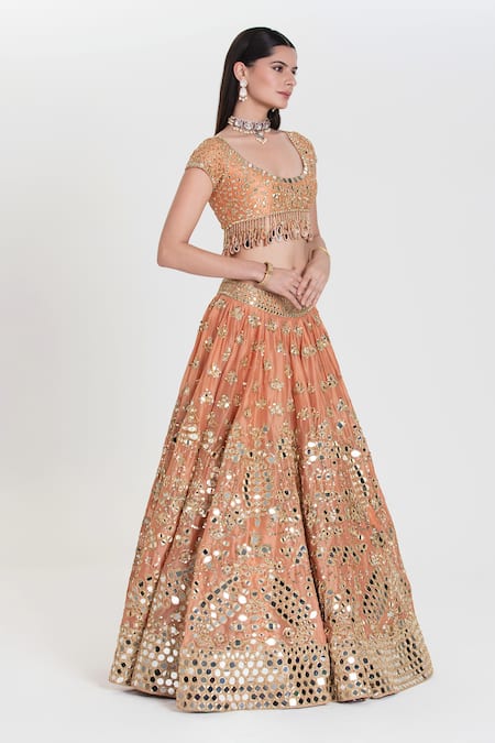 Shop_Abhinav Mishra_Peach Organza, Chanderi Mirrors, Sequins, Zari Round Bahar Designer Lehenga Set _Online_at_Aza_Fashions