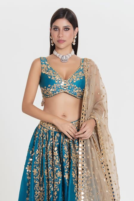 Abhinav Mishra_Blue Organza, Chanderi Mirrors, Neelam Celestial Embroidered Lehenga Set _Online_at_Aza_Fashions