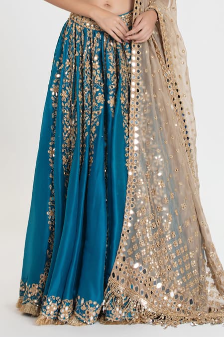 Buy_Abhinav Mishra_Blue Organza, Chanderi Mirrors, Neelam Celestial Embroidered Lehenga Set _Online_at_Aza_Fashions