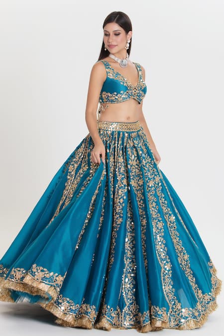 Shop_Abhinav Mishra_Blue Organza, Chanderi Mirrors, Neelam Celestial Embroidered Lehenga Set _Online_at_Aza_Fashions
