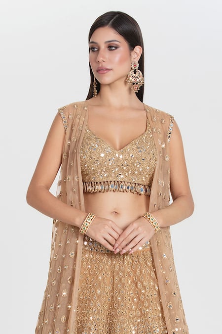 Abhinav Mishra_Gold Net Mirrors, Zari, Sequins Plunge Neck, Pukhraj Embroidered Lehenga Set _Online_at_Aza_Fashions