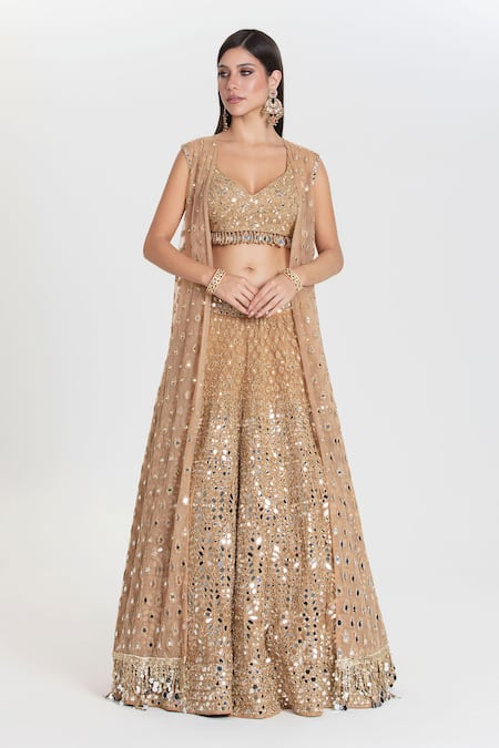 Abhinav Mishra Gold Net Mirrors, Zari, Sequins Plunge Neck, Pukhraj Embroidered Lehenga Set 
