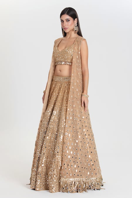 Buy_Abhinav Mishra_Gold Net Mirrors, Zari, Sequins Plunge Neck, Pukhraj Embroidered Lehenga Set _Online_at_Aza_Fashions