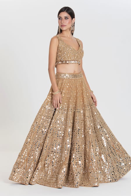 Shop_Abhinav Mishra_Gold Net Mirrors, Zari, Sequins Plunge Neck, Pukhraj Embroidered Lehenga Set _Online_at_Aza_Fashions
